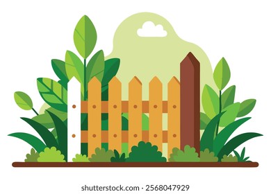  Wooden Fence Garden Colorful Cartoon Style Vector Image.wooden fence in a garden with a colorful cartoon style. Perfect for nature, outdoor, or whimsical design projects.