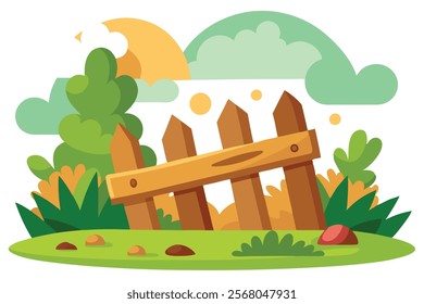  Wooden Fence Garden Colorful Cartoon Style Vector Image.wooden fence in a garden with a colorful cartoon style. Perfect for nature, outdoor, or whimsical design projects.