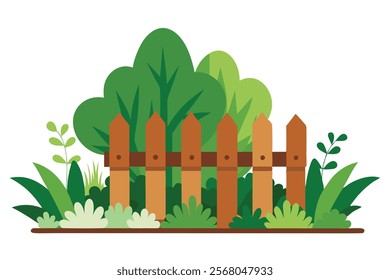  Wooden Fence Garden Colorful Cartoon Style Vector Image.wooden fence in a garden with a colorful cartoon style. Perfect for nature, outdoor, or whimsical design projects.