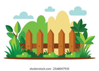  Wooden Fence Garden Colorful Cartoon Style Vector Image.wooden fence in a garden with a colorful cartoon style. Perfect for nature, outdoor, or whimsical design projects.