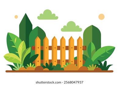  Wooden Fence Garden Colorful Cartoon Style Vector Image.wooden fence in a garden with a colorful cartoon style. Perfect for nature, outdoor, or whimsical design projects.