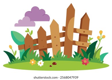  Wooden Fence Garden Colorful Cartoon Style Vector Image.wooden fence in a garden with a colorful cartoon style. Perfect for nature, outdoor, or whimsical design projects.