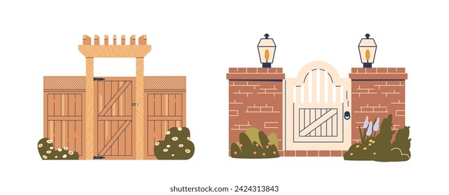 Wooden Fence And Gate, Architectural Design, Exudes Natural Charm. Sturdy Brick Pillars Enhance Durability
