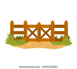 Wooden fence with gate. Entrance to ranch or farm with grass. Garden barrier and door with wooden parallel boards. Flat vector illustration.