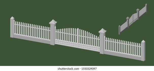 Wooden fence with gate. Isolated on green background. 3d Vector illustration. Dimetric projection.