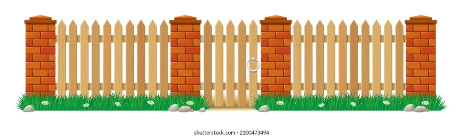 Wooden fence with gate and pillars of bricks. fence with grass, flowers and stones. Vector