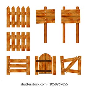 Valla de madera con puerta y cartón. Elementos para el diseño rural. Ilustración vectorial de dibujos animados.