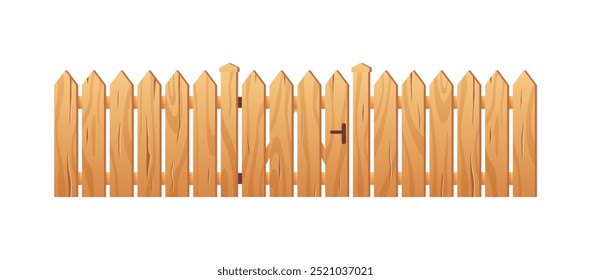 Wooden fence with gate wicket vector flat illustration. Wooden picket entrance, farm garden barrier and door with timber parallel planks. Cartoon backyard border from beige lumber boards isolated