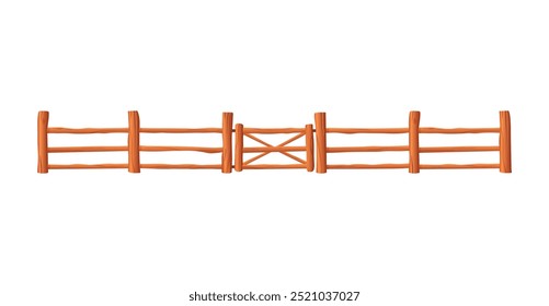 Wooden fence with gate wicket vector flat illustration. Wooden picket entrance, farm garden barrier and door with timber parallel planks. Cartoon backyard border from horizontal lumber boards isolated