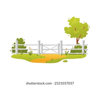 Wooden fence with gate wicket vector flat illustration. Wooden entrance with grass and bushes. Garden white barrier and door with timber parallel planks. Cartoon backyard lumber border isolated