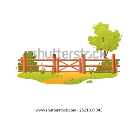 Wooden fence with gate wicket vector flat illustration. Wooden entrance with grass and bushes. Garden brown barrier and door with timber parallel planks. Cartoon backyard lumber border with path