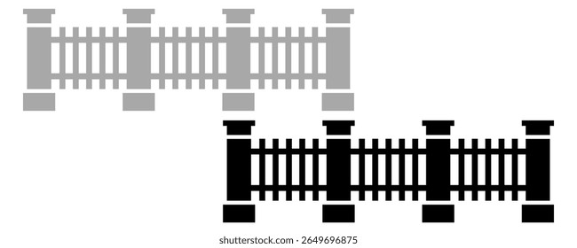 Portões de cerca de madeira. definir a cerca de ícones feita de tijolo de pedra de madeira. Ilustração isolada de vetor de design em fundo preto, cinza e branco.