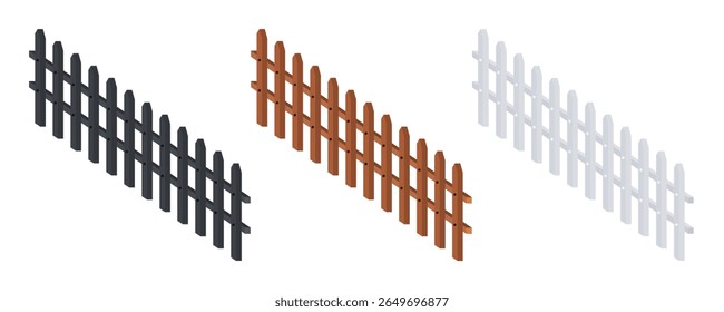 Portões de cerca de madeira. definir a cerca de ícones feita de tijolo de pedra de madeira. Ilustração isolada de vetor de design em fundo preto, cinza e branco.