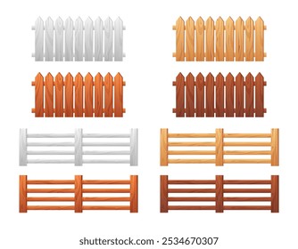 Wooden fence and gates vector set. Natural wood patterns in shades of white, brown, and red. Solid material emphasizes abstract textures for home decor.