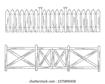 Wooden fence graphic black white isolated set sketch illustration vector