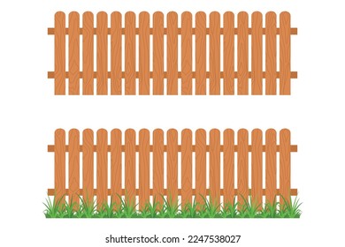 Wooden fence and grass isolated on white background. Flat style vector illustration