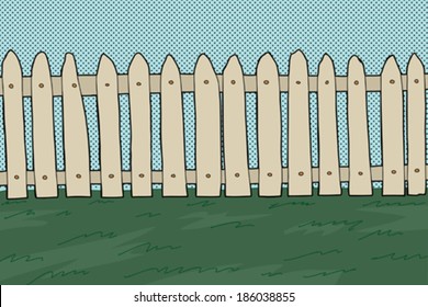 Wooden fence and grass over comic blue background