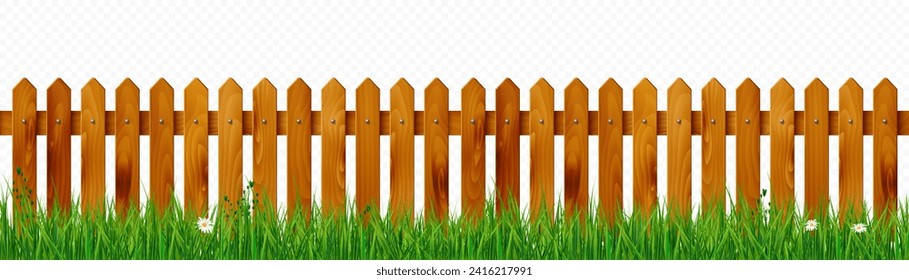 Wooden fence with grass, plants and flowers on transparent background - vector illustration