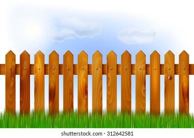 Wooden fence, grass and sky with sun and clouds - vector illustration