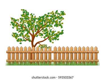 Wooden Fence with grass and tree isolated vector symbol icon design. Beautiful illustration isolated on white background