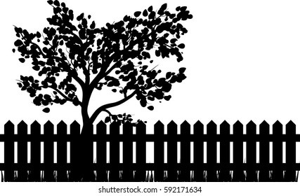 Wooden Fence with grass and tree silhouette isolated vector symbol icon design. Beautiful illustration isolated on white background