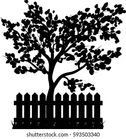 Wooden Fence with grass and tree silhouette isolated vector symbol icon design. Beautiful illustration isolated on white background