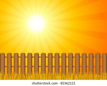 Wooden fence and grass under dramatic sky. Vector illustration.