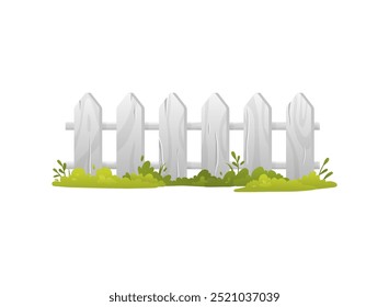 Wooden fence with grass vector flat illustration. Garden white barrier with timber parallel planks. Cartoon backyard border from lumber boards isolated. Wooden picket on green foliage