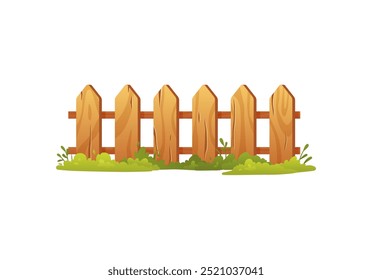 Wooden fence with grass vector flat illustration. Wooden picket on green foliage, garden barrier with timber parallel planks. Cartoon backyard border from beige lumber boards isolated on white