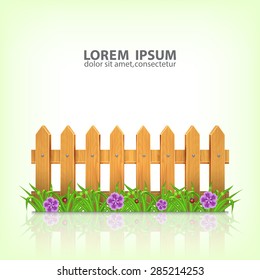 Wooden fence with green grass and flower. Grass, flower with ladybug and waterdrop. Landscape. Summer time. Spring time. EPS10 vector