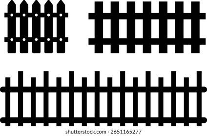 Conjunto de ícone de cerca de madeira. Símbolo de Esgrima de Jardim Clássico. Cerca de madeira simples cerca de piquete cársico que incorpora simplicidade e segurança suas linhas limpas e charme rústico.coleção de cerca de jardim de madeira.
