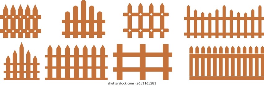 Conjunto de ícone de cerca de madeira. Símbolo de Esgrima de Jardim Clássico. Cerca de madeira simples cerca de piquete cársico que incorpora simplicidade e segurança suas linhas limpas e charme rústico.coleção de cerca de jardim de madeira.
