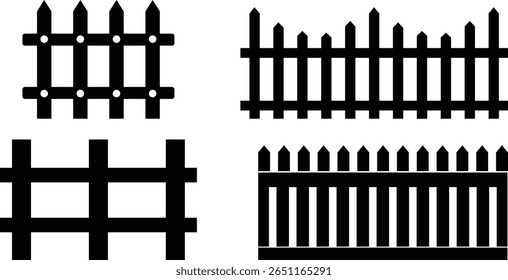 Conjunto de ícone de cerca de madeira. Símbolo de Esgrima de Jardim Clássico. Cerca de madeira simples cerca de piquete cársico que incorpora simplicidade e segurança suas linhas limpas e charme rústico.coleção de cerca de jardim de madeira.