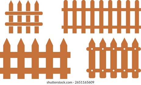 Conjunto de ícone de cerca de madeira. Símbolo de Esgrima de Jardim Clássico. Cerca de madeira simples cerca de piquete cársico que incorpora simplicidade e segurança suas linhas limpas e charme rústico.coleção de cerca de jardim de madeira.