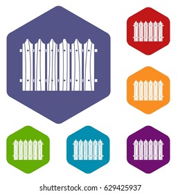 Wooden fence icons set hexagon isolated vector illustration