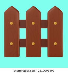 Wooden fence isolated on blue background. 3d cartoon garden design element in minimal style. Vector icon or illustration.