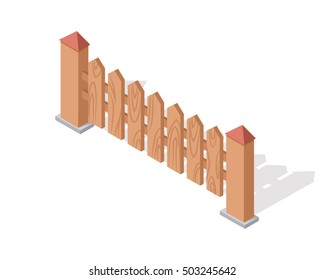 Wooden fence isolated on white. Gates and fences in flat style design. Isometric projection. Barrier for countryside yard. Wooden fence with columns. Fence made of wood icon. Vector illustration