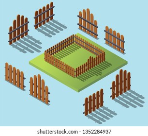 Wooden fence in isometric. Garden exterior flat 3d isometric illustartion. Architecture