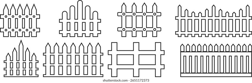 Cerca de madeira linha de arte Conjunto de ícones. Símbolo de Esgrima de Jardim Clássico. Cerca simples cerca de piquete cársico que incorpora simplicidade e segurança sua linha limpa e charme rústico.coleção de cerca de jardim de madeira.