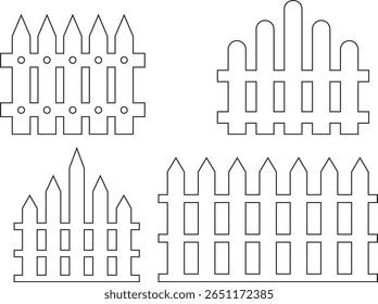 Cerca de madeira linha de arte Conjunto de ícones. Símbolo de Esgrima de Jardim Clássico. Cerca simples cerca de piquete cársico que incorpora simplicidade e segurança sua linha limpa e charme rústico.coleção de cerca de jardim de madeira.