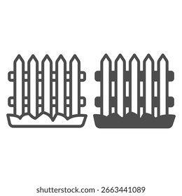 Línea de valla de madera e icono sólido, concepto de temporada de primavera. Gráficos de Vector. Barrera de cercado para el jardín, muestra de jardinería sobre fondo blanco, icono de estilo de contorno para móvil o Diseño web