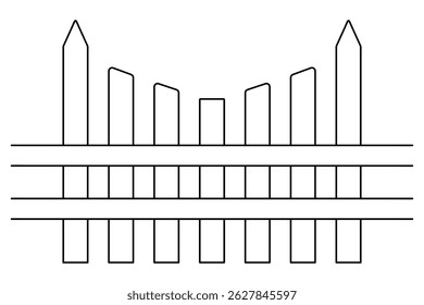 Cerca de madeira feita de tábuas que diminuem em altura em direção ao centro. Esboço. Ilustração vetorial. A cerca é fixada do exterior com duas tábuas horizontais. Estilo Doodle.