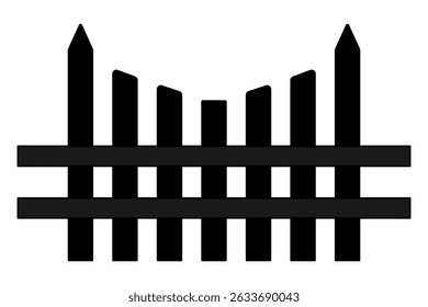 Cerca de madeira feita de tábuas que diminuem em altura para o centro. Silhueta. A cerca é fixada do exterior com duas tábuas horizontais. Ilustração vetorial. Fundo branco isolado.