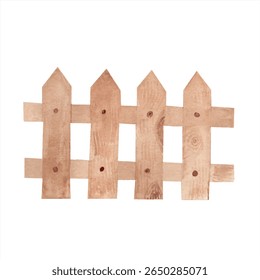 Wooden, fence made with pointed at the top. Rustic hedge, garden. Hand drawn vintage style watercolor illustration, isolated object. For greeting cards, printable, stickers,website footers.