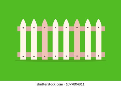 Wooden fence made of sticks joint by bars vector illustration border element isolated on green. Structure that encloses an area constructed from posts