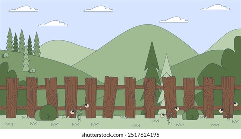 Wooden fence on field at picturesque highland flat illustration. Old board farmland barrier against green hills 2D landscape cartoon background. Rural site summer nature scene vector image