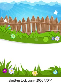 Wooden fence on green meadow. Summer landscape nature.