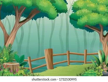 The wooden fence on the middle of dark forest