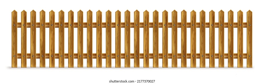 Wooden fence, palisade, stockade or balustrade with pickets. Brown banister or fencing sections with paling. Wood garden border balusters isolated elements, Realistic 3d vector illustration