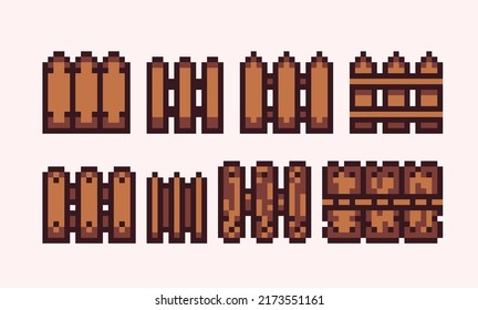 Wooden fence pixel art set. Countryside timber hedge collection. 8 bit sprite. Game development, mobile app.  Isolated vector illustration.